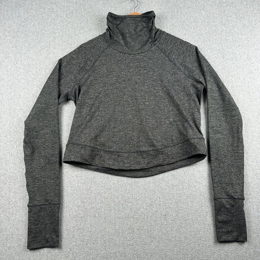 prAna Pullover Womens L Funnel Neck Gray Cropped Thumbhole Activewear Top